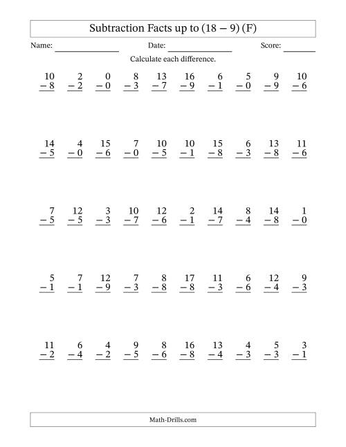 The Subtraction Facts from (0 − 0) to (18 − 9) – 50 Questions (F) Math Worksheet