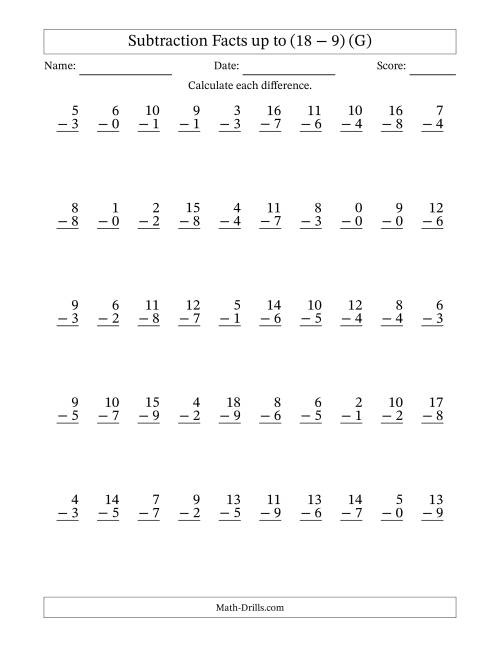 The Subtraction Facts from (0 − 0) to (18 − 9) – 50 Questions (G) Math Worksheet