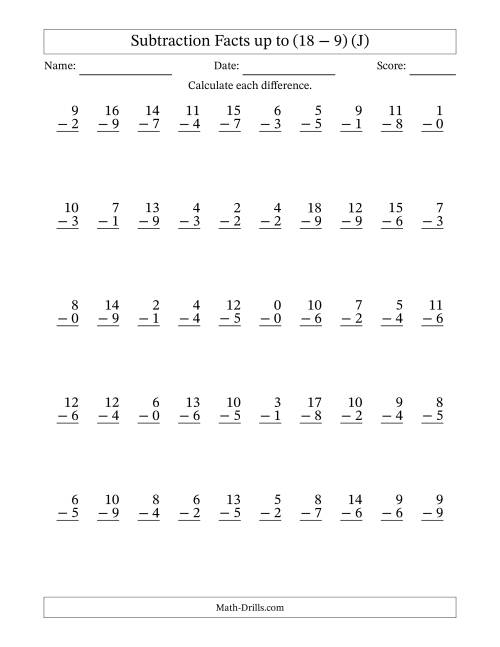 The Subtraction Facts from (0 − 0) to (18 − 9) – 50 Questions (J) Math Worksheet
