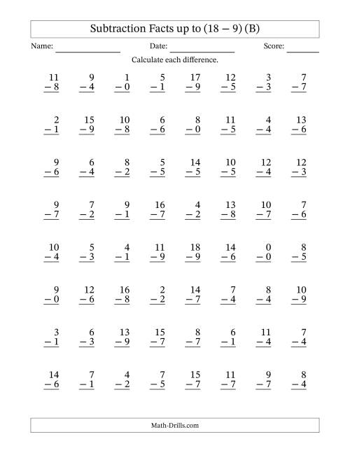 The Subtraction Facts from (0 − 0) to (18 − 9) – 64 Questions (B) Math Worksheet