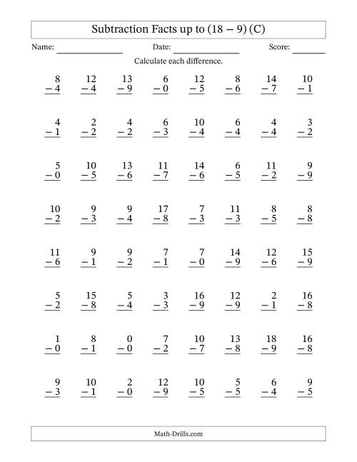 The 64 Vertical Subtraction Facts with Minuends from 0 to 18 (C) Math Worksheet