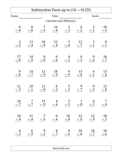 The Subtraction Facts from (0 − 0) to (18 − 9) – 64 Questions (D) Math Worksheet