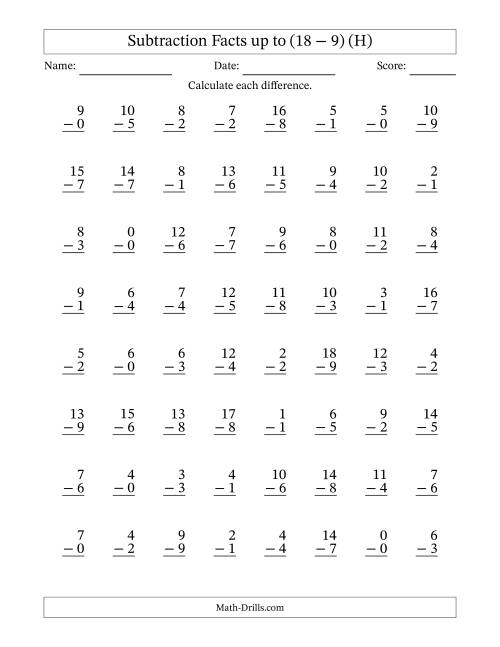 The Subtraction Facts from (0 − 0) to (18 − 9) – 64 Questions (H) Math Worksheet