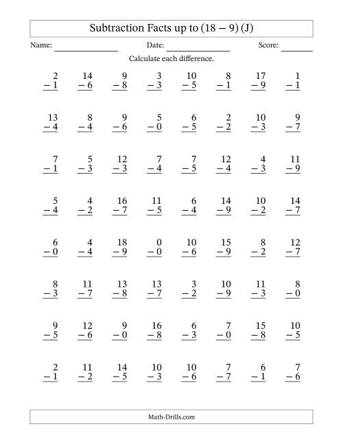 The 64 Vertical Subtraction Facts with Minuends from 0 to 18 (J) Math Worksheet