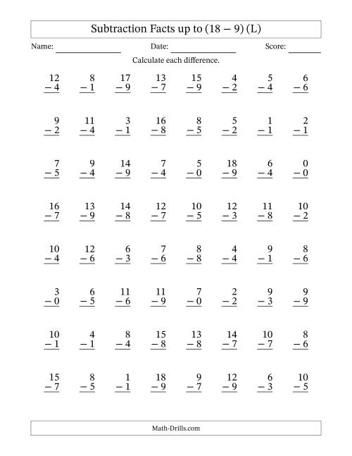 The Subtraction Facts from (0 − 0) to (18 − 9) – 64 Questions (L) Math Worksheet