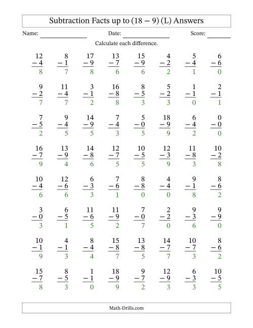 The Vertical Subtraction Facts to 18 -- 64 Questions (L) Math Worksheet Page 2