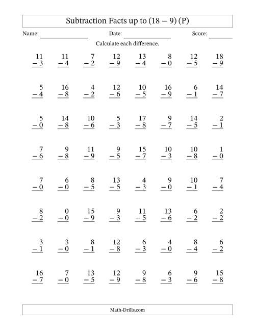 The Vertical Subtraction Facts to 18 -- 64 Questions (P) Math Worksheet