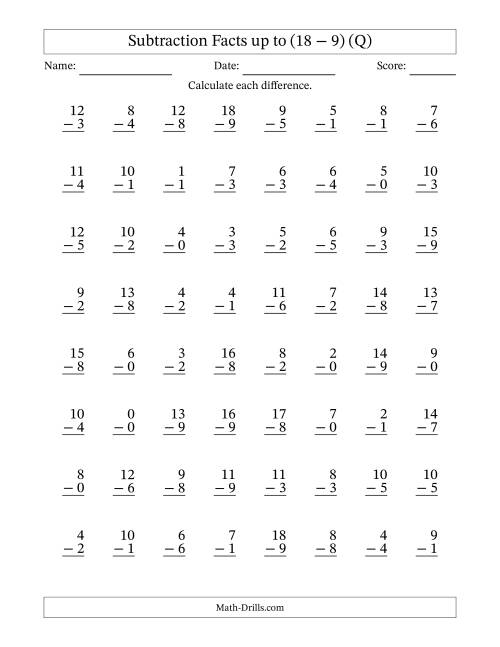 The Vertical Subtraction Facts to 18 -- 64 Questions (Q) Math Worksheet