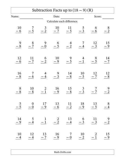 The Vertical Subtraction Facts to 18 -- 64 Questions (R) Math Worksheet