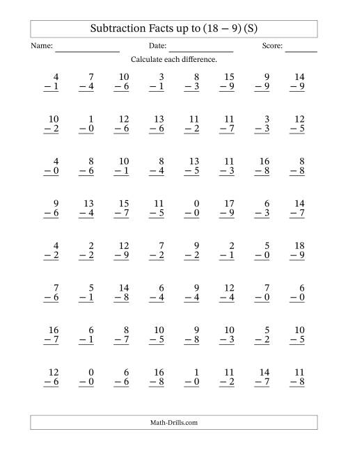 The Vertical Subtraction Facts to 18 -- 64 Questions (S) Math Worksheet