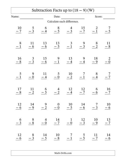 The Vertical Subtraction Facts to 18 -- 64 Questions (W) Math Worksheet