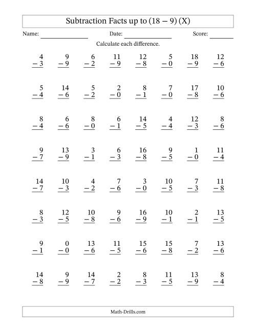 The Vertical Subtraction Facts to 18 -- 64 Questions (X) Math Worksheet