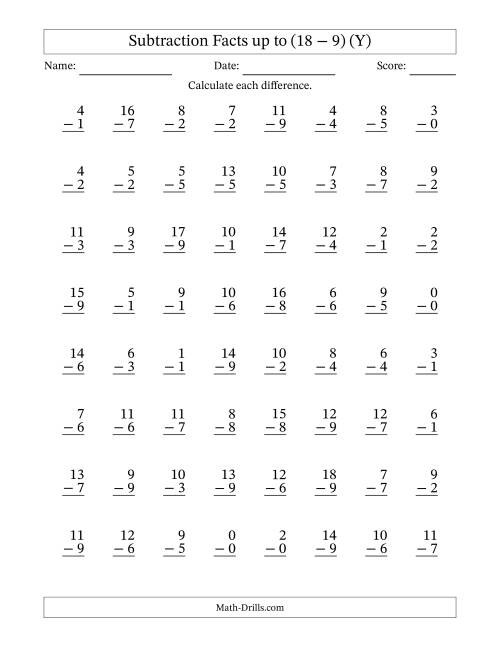 The Vertical Subtraction Facts to 18 -- 64 Questions (Y) Math Worksheet