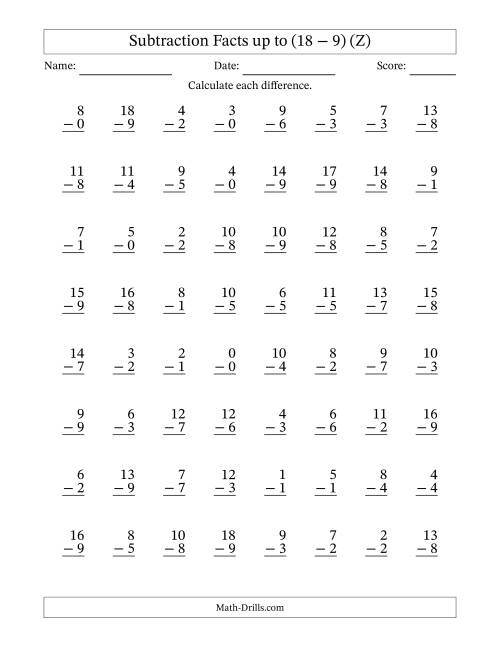 The Vertical Subtraction Facts to 18 -- 64 Questions (Z) Math Worksheet