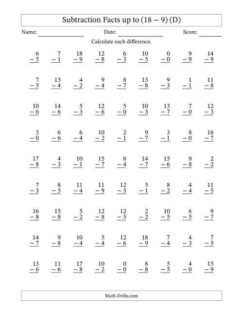 The Subtraction Facts from (0 − 0) to (18 − 9) – 81 Questions (D) Math Worksheet