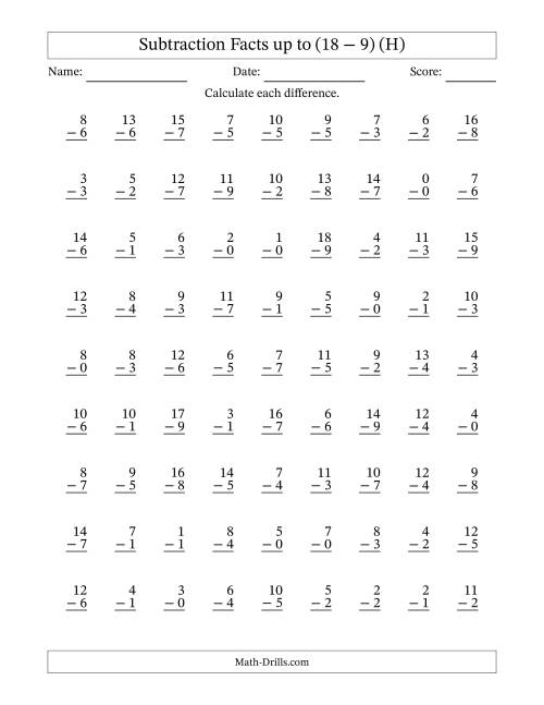 The Subtraction Facts from (0 − 0) to (18 − 9) – 81 Questions (H) Math Worksheet