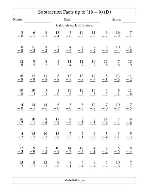 The 100 Vertical Subtraction Facts with Minuends from 0 to 18 (D) Math Worksheet