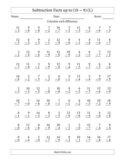 The Subtraction Facts from (0 − 0) to (18 − 9) – 100 Questions (L) Math Worksheet