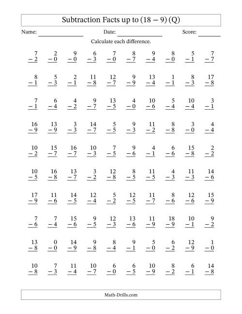 The Vertical Subtraction Facts From 0 to 18 -- 100 Questions (Q) Math Worksheet