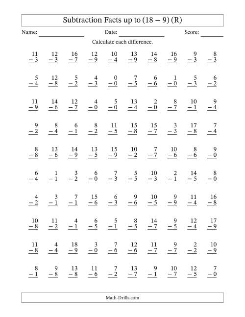 The Vertical Subtraction Facts From 0 to 18 -- 100 Questions (R) Math Worksheet