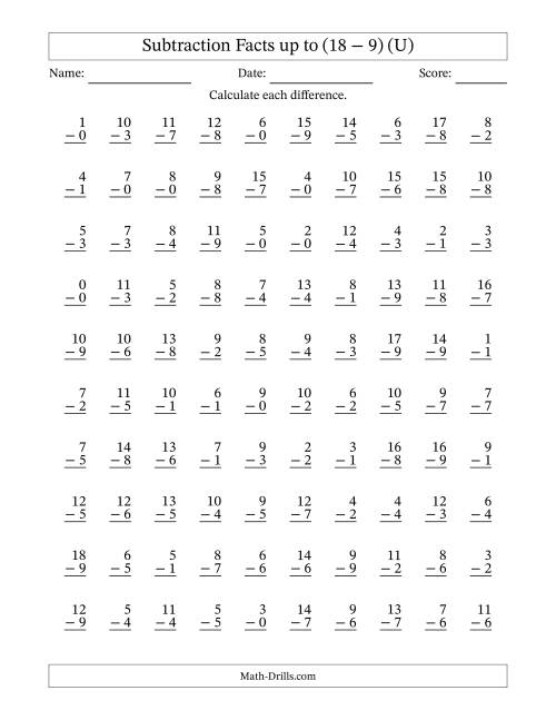 The Vertical Subtraction Facts From 0 to 18 -- 100 Questions (U) Math Worksheet