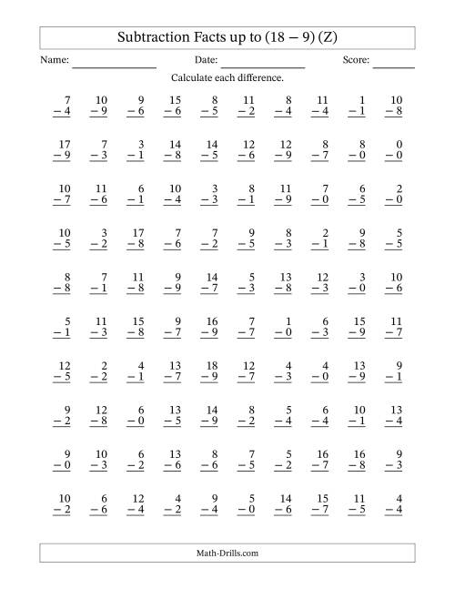The Vertical Subtraction Facts From 0 to 18 -- 100 Questions (Z) Math Worksheet