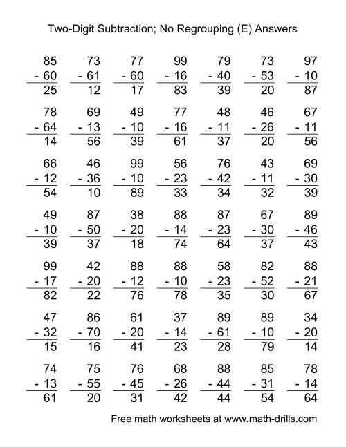 two digit subtraction with no regrouping 49 questions e
