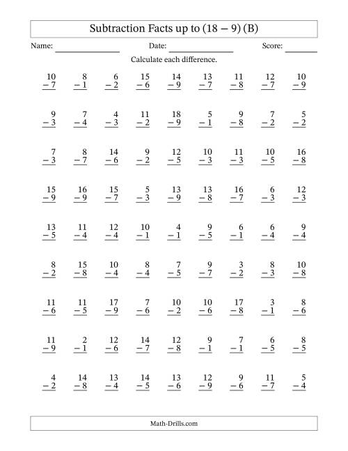 The Subtraction Facts from (2 − 1) to (18 − 9) – 81 Questions (B) Math Worksheet