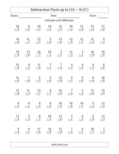 The Subtraction Facts from (2 − 1) to (18 − 9) – 81 Questions (C) Math Worksheet