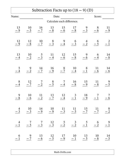 The 81 Vertical Subtraction Facts with Minuends from 2 to 18 (D) Math Worksheet