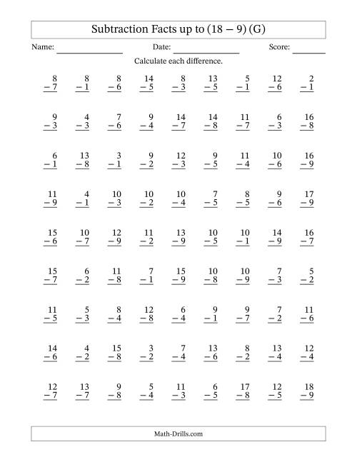 The 81 Vertical Subtraction Facts with Minuends from 2 to 18 (G) Math Worksheet