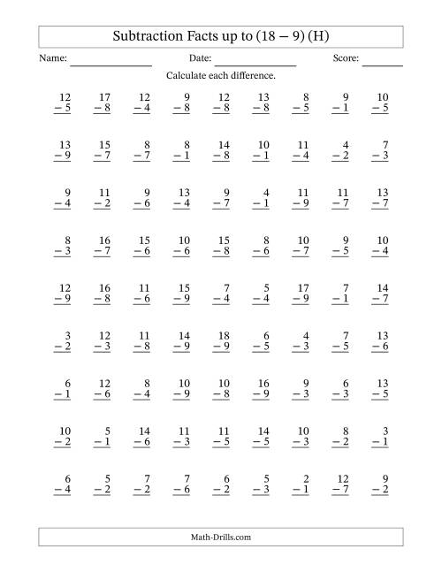 The 81 Vertical Subtraction Facts with Minuends from 2 to 18 (H) Math Worksheet