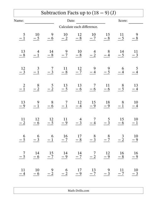The Subtraction Facts from (2 − 1) to (18 − 9) – 81 Questions (J) Math Worksheet