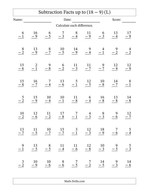 The Subtraction Facts to 18 with No Zeros -- 81 Questions (L) Math Worksheet
