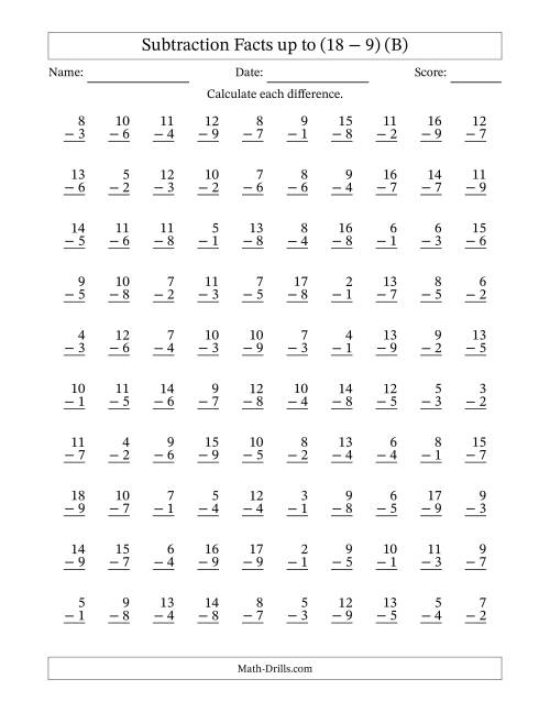 The Subtraction Facts from (2 − 1) to (18 − 9) – 100 Questions (B) Math Worksheet