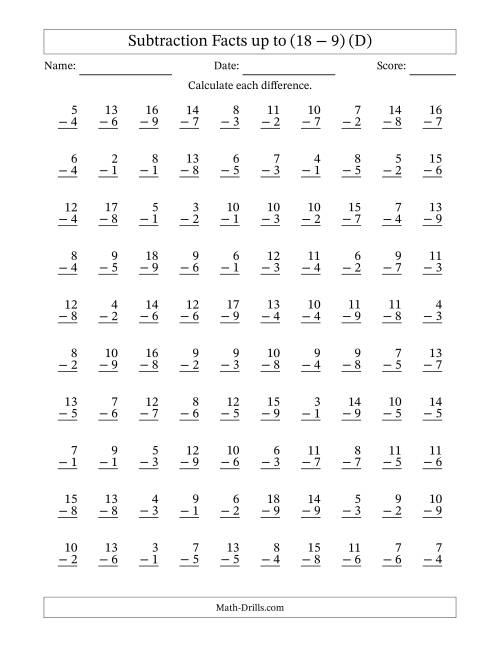 The Subtraction Facts from (2 − 1) to (18 − 9) – 100 Questions (D) Math Worksheet