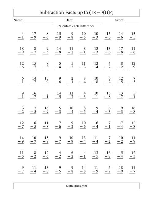 The Subtraction Facts from (2 − 1) to (18 − 9) – 100 Questions (P) Math Worksheet