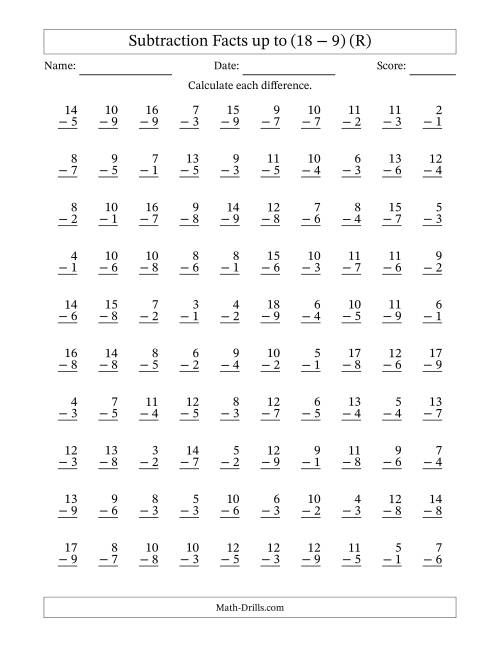 The Subtraction Facts from (2 − 1) to (18 − 9) – 100 Questions (R) Math Worksheet