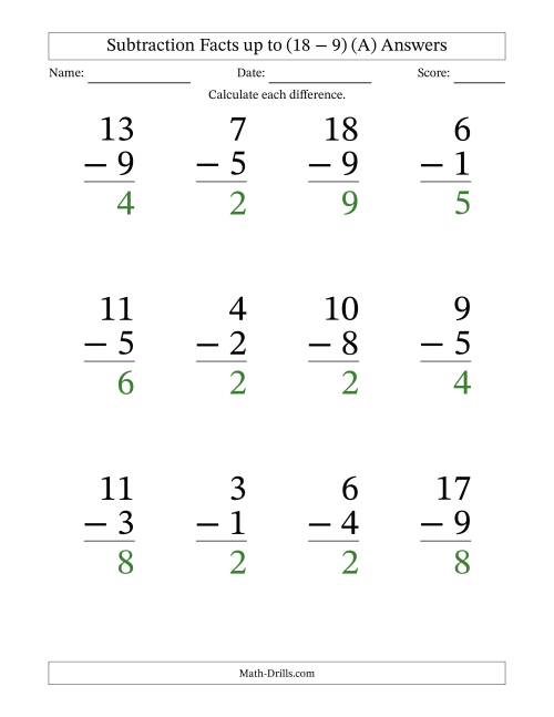 The Subtraction Facts from (2 − 1) to (18 − 9) – 12 Large Print Questions (A) Math Worksheet Page 2