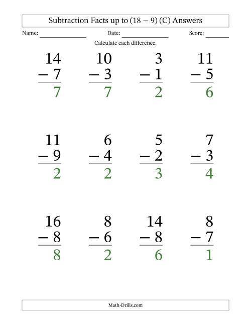 The Subtraction Facts from (2 − 1) to (18 − 9) – 12 Large Print Questions (C) Math Worksheet Page 2