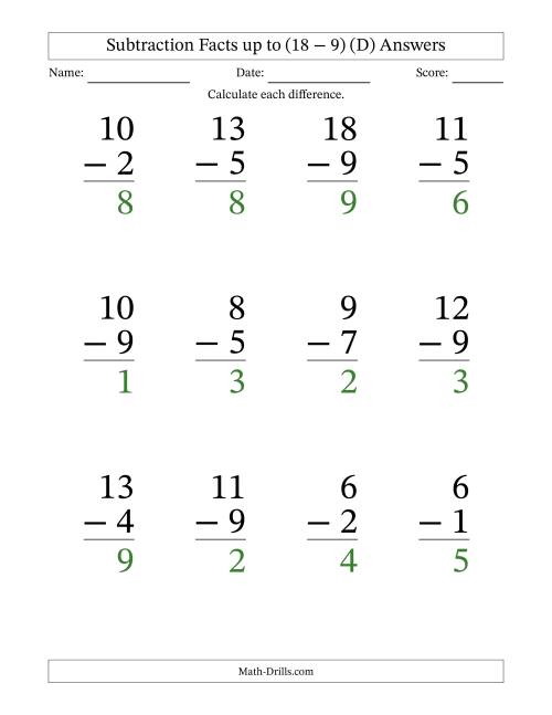 The Subtraction Facts from (2 − 1) to (18 − 9) – 12 Large Print Questions (D) Math Worksheet Page 2