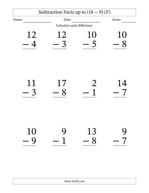The Subtraction Facts from (2 − 1) to (18 − 9) – 12 Large Print Questions (F) Math Worksheet