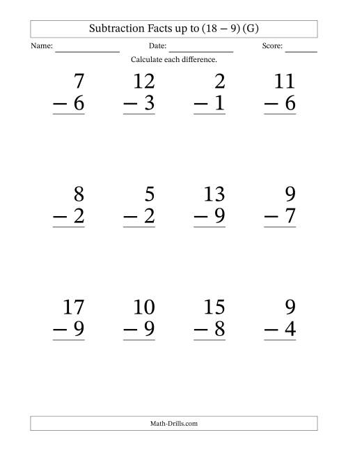 The 12 Vertical Subtraction Facts with Minuends from 2 to 18 (G) Math Worksheet
