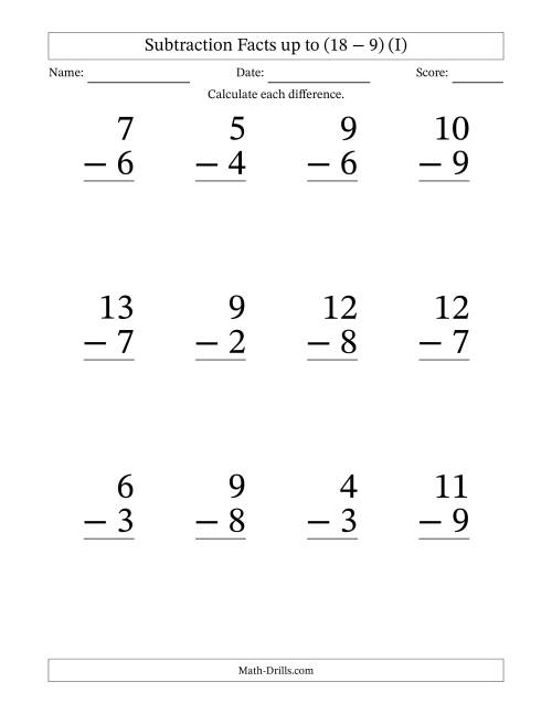 The 12 Vertical Subtraction Facts with Minuends from 2 to 18 (I) Math Worksheet