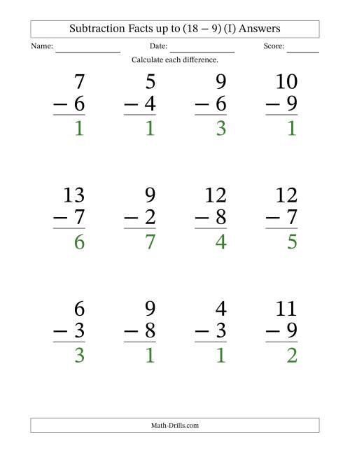 The 12 Vertical Subtraction Facts with Minuends from 2 to 18 (I) Math Worksheet Page 2