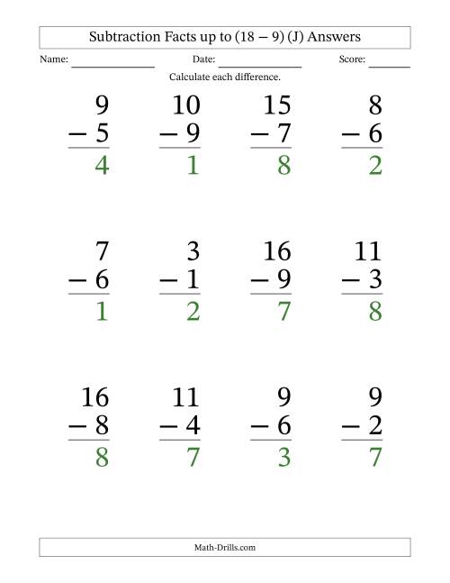The Subtraction Facts from (2 − 1) to (18 − 9) – 12 Large Print Questions (J) Math Worksheet Page 2