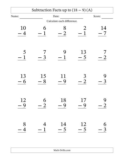 The Subtraction Facts from (2 − 1) to (18 − 9) – 25 Large Print Questions (A) Math Worksheet