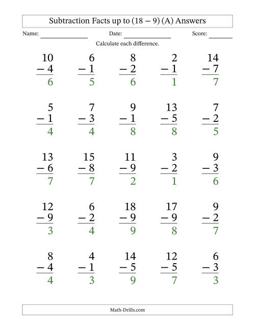 The Subtraction Facts from (2 − 1) to (18 − 9) – 25 Large Print Questions (A) Math Worksheet Page 2