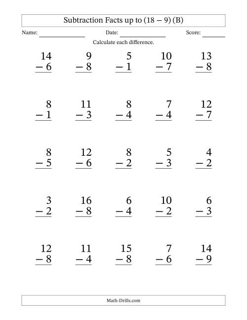 The Subtraction Facts from (2 − 1) to (18 − 9) – 25 Large Print Questions (B) Math Worksheet