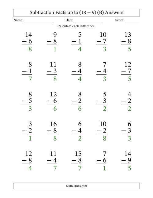 The Subtraction Facts from (2 − 1) to (18 − 9) – 25 Large Print Questions (B) Math Worksheet Page 2